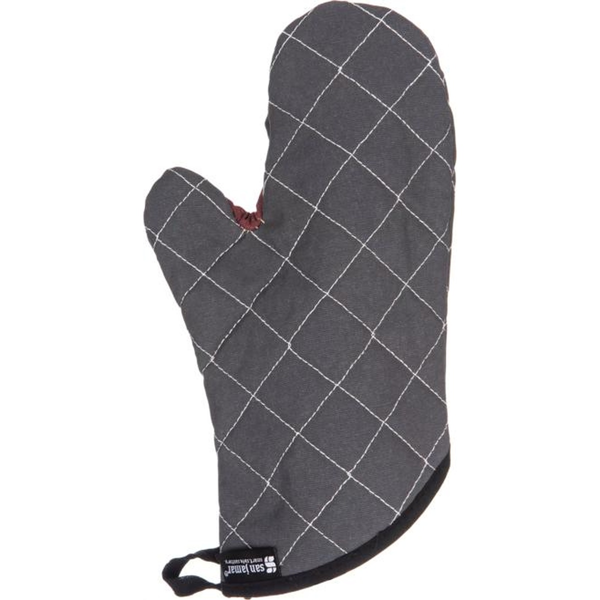 San Jamar BestGuard black oven mitt full front view showing quilted diamond pattern and hanging loop