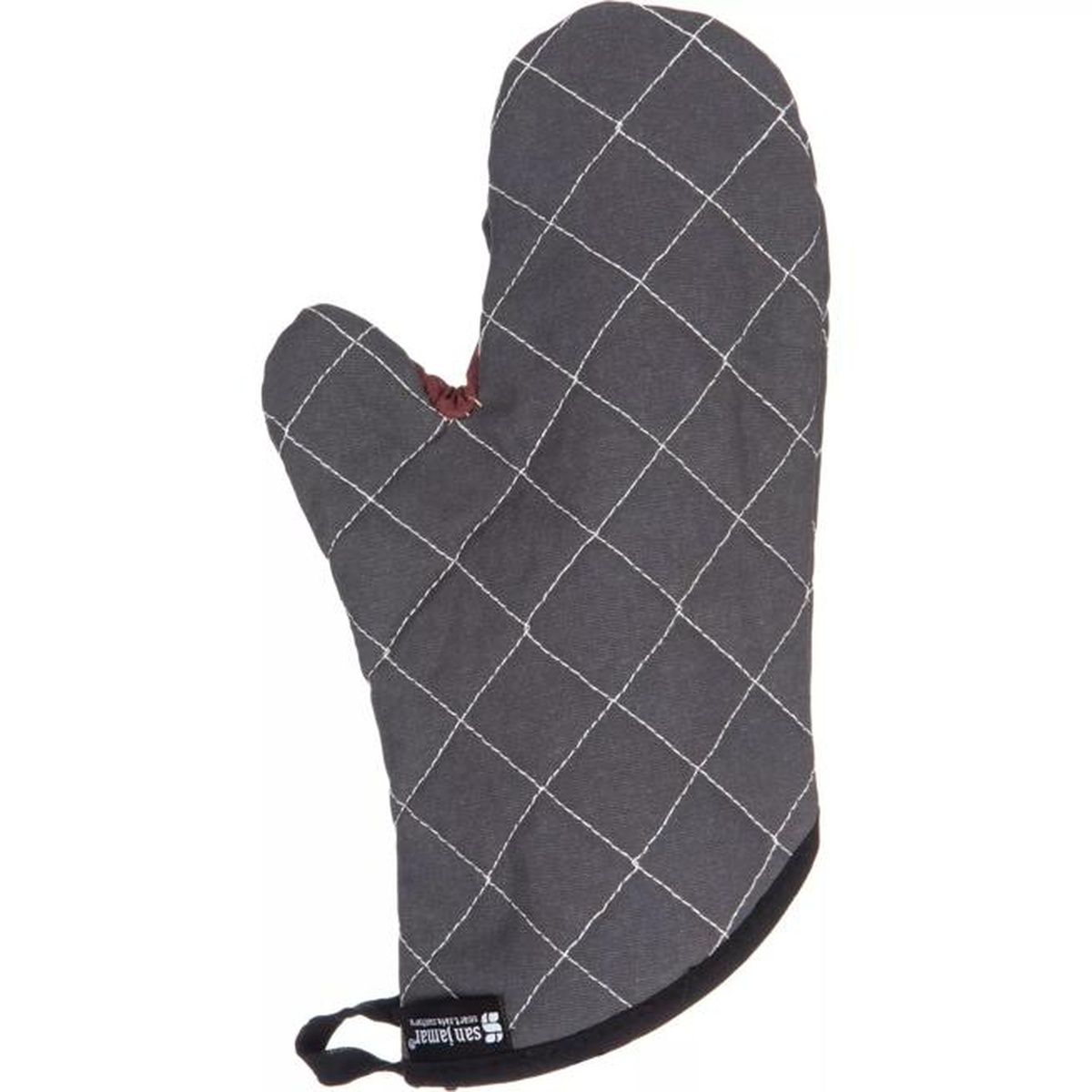 San Jamar BestGuard 13-inch black oven mitt side angle view with San Jamar branding tag visible at cuff