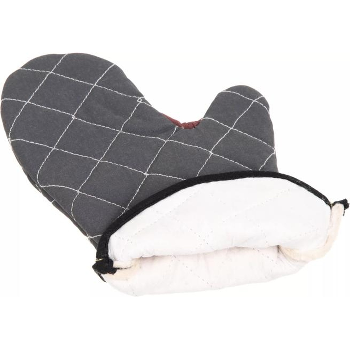 San Jamar BestGuard 13-inch black oven mitt showing exterior quilted fabric and white interior lining