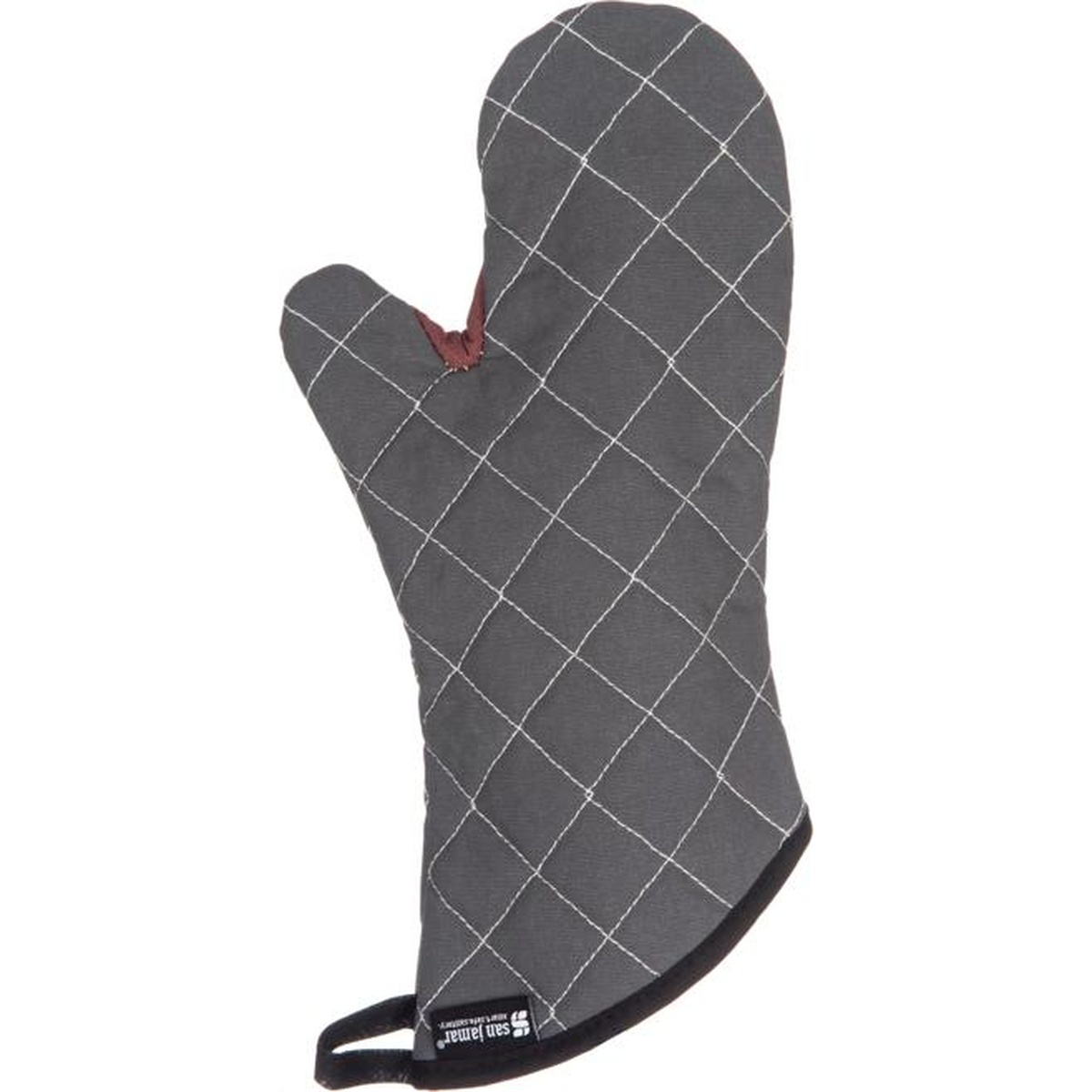 Front view of the full 15-inch San Jamar BestGuard oven mitt in black with quilted diamond stitching pattern