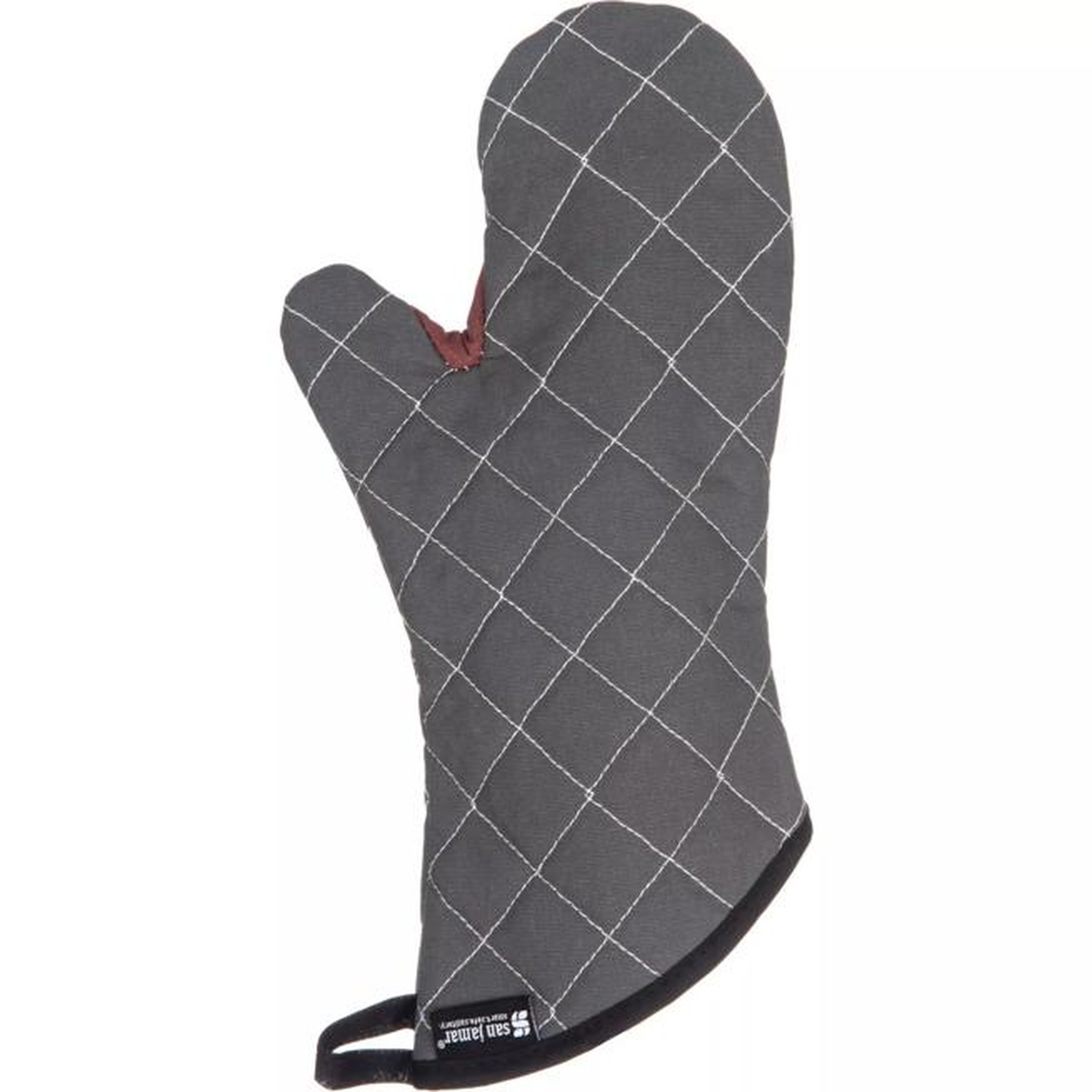 Side profile view of San Jamar BestGuard 15-inch black oven mitt showing angled cuff and hang loop