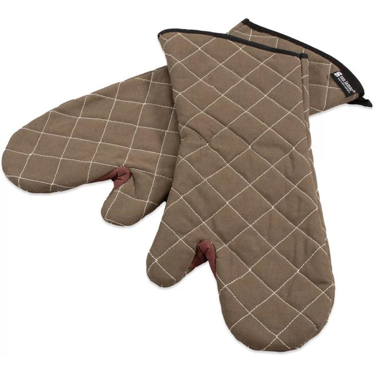 Tan quilted 17-inch oven mitts shown as a pair