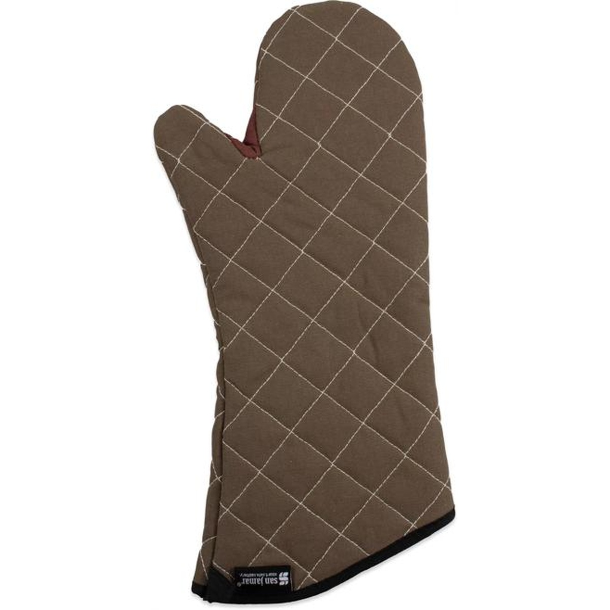 Single tan quilted 17-inch oven mitt on white background