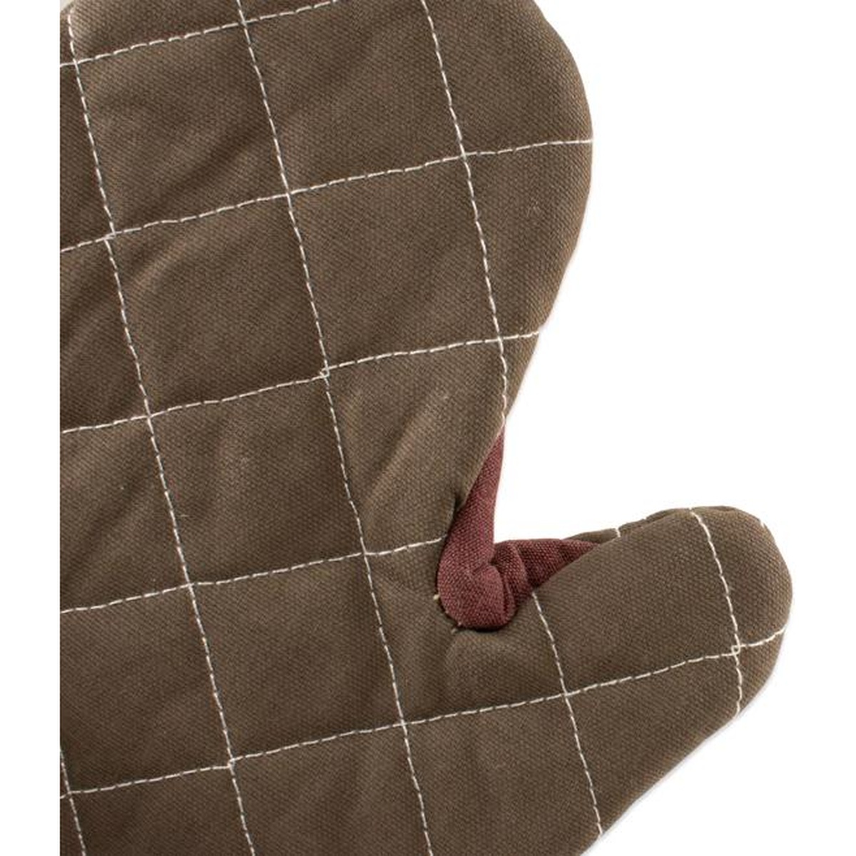 Close-up of reinforced thumb and forefinger area on tan quilted oven mitt