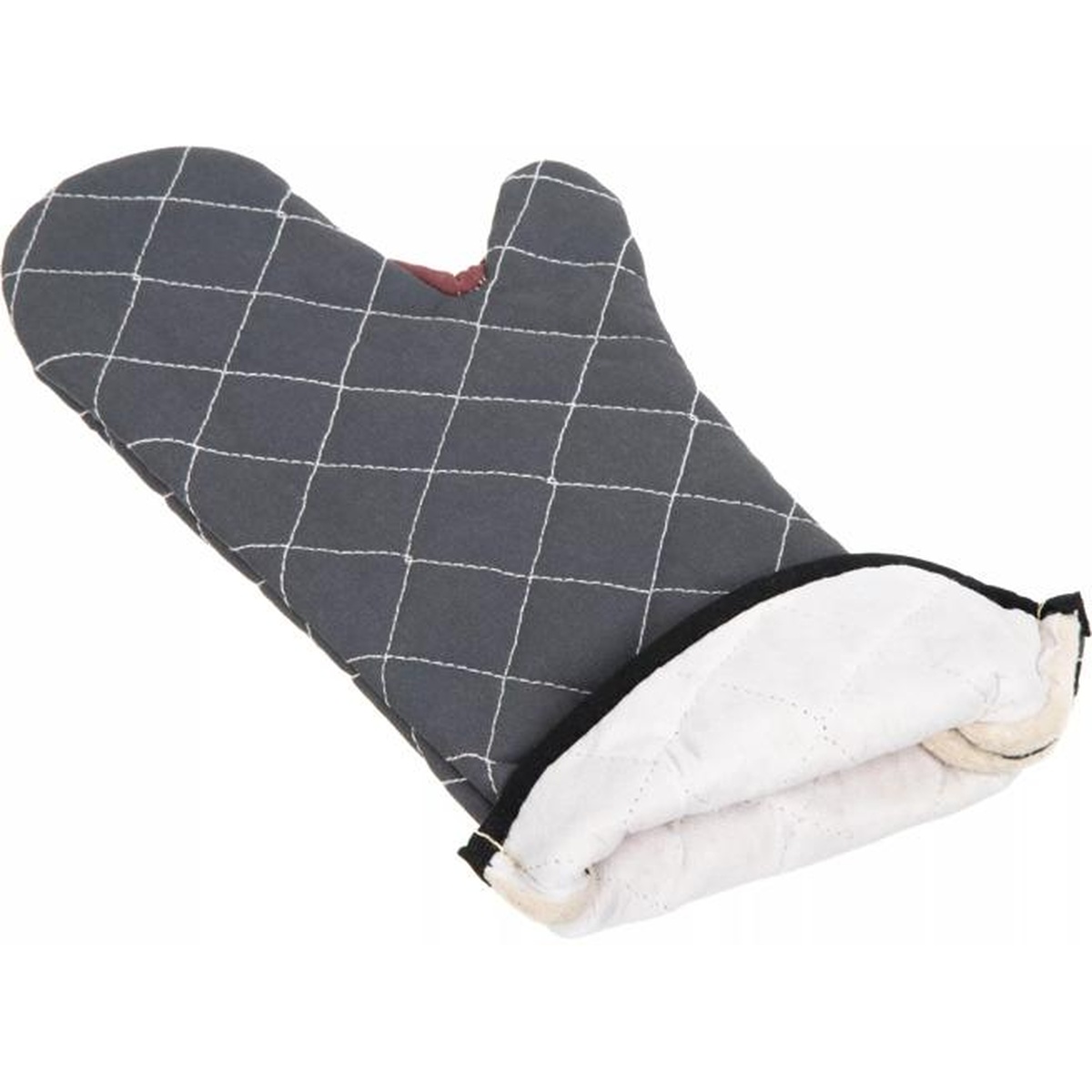 San Jamar BestGuard black oven mitt showing quilted exterior and white insulated interior cuff