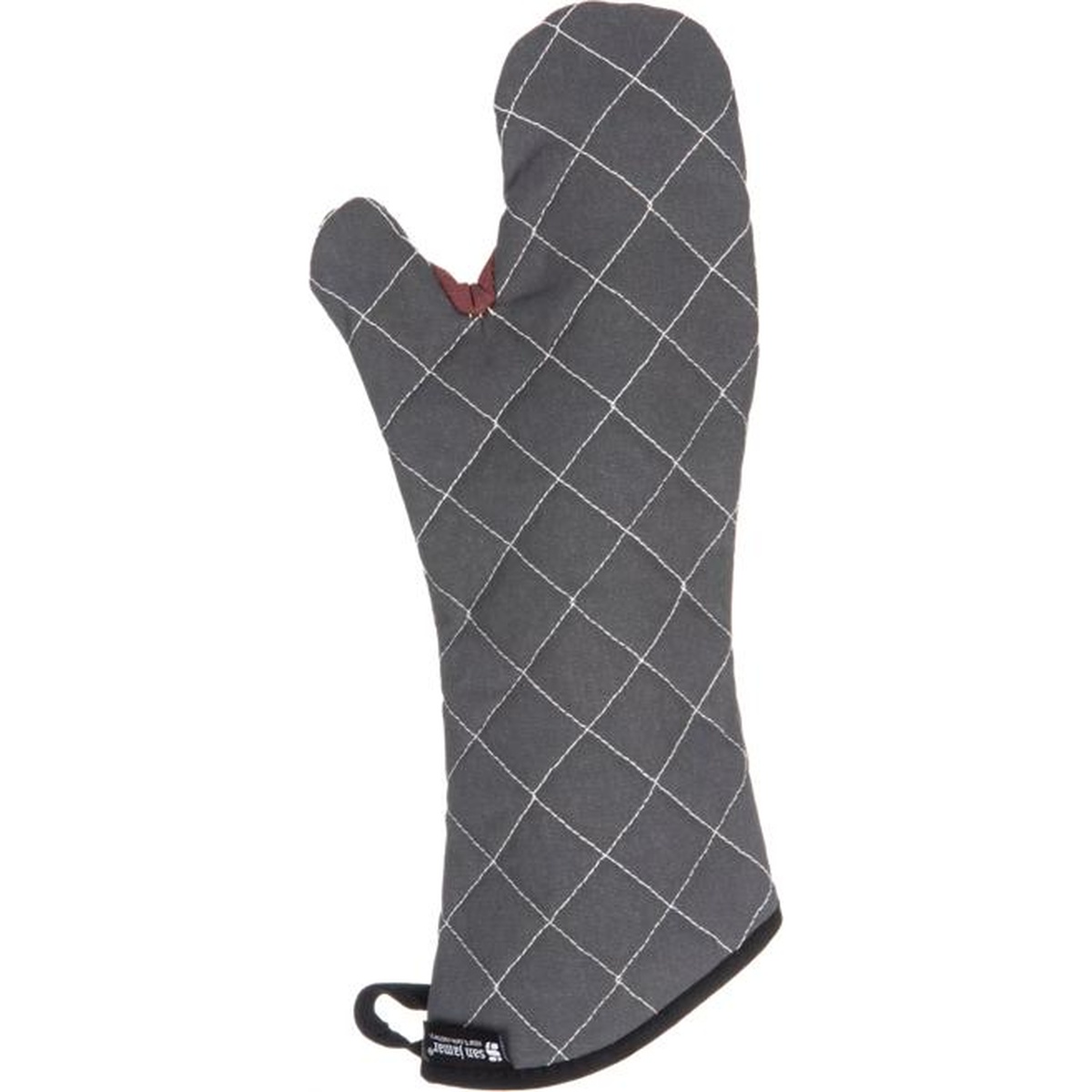 Full front view of San Jamar BestGuard black quilted oven mitt in upright position