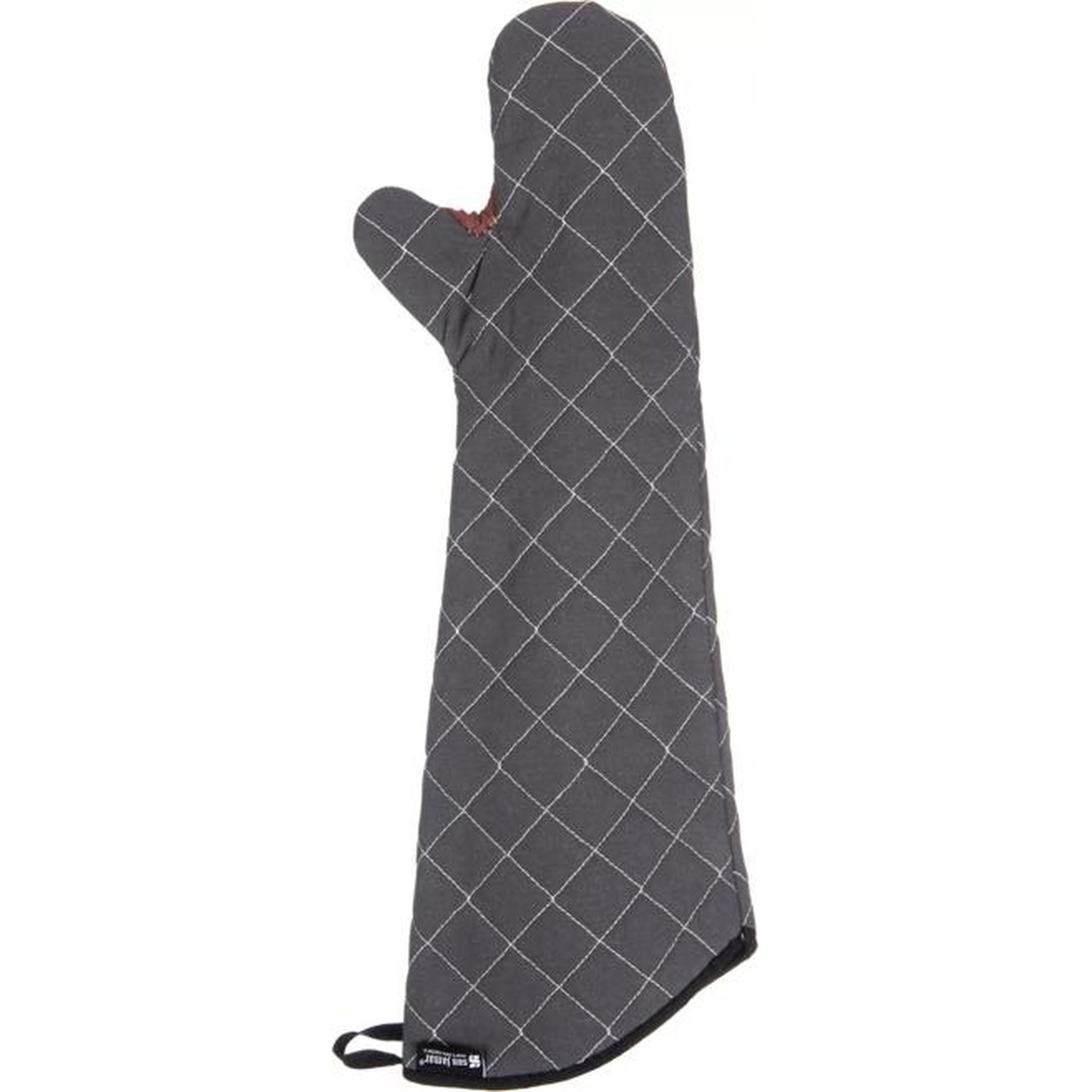 Side profile of San Jamar BestGuard oven mitt showing full 24-inch extended length and quilted diamond pattern