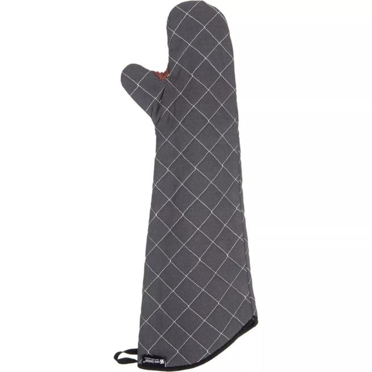 Front view of San Jamar BestGuard black oven mitt showing full 24-inch quilted length
