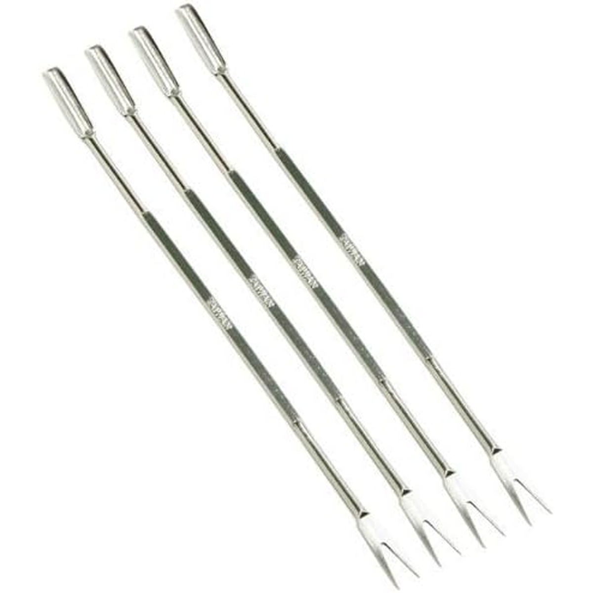 Four stainless steel seafood picks arranged diagonally on a white background