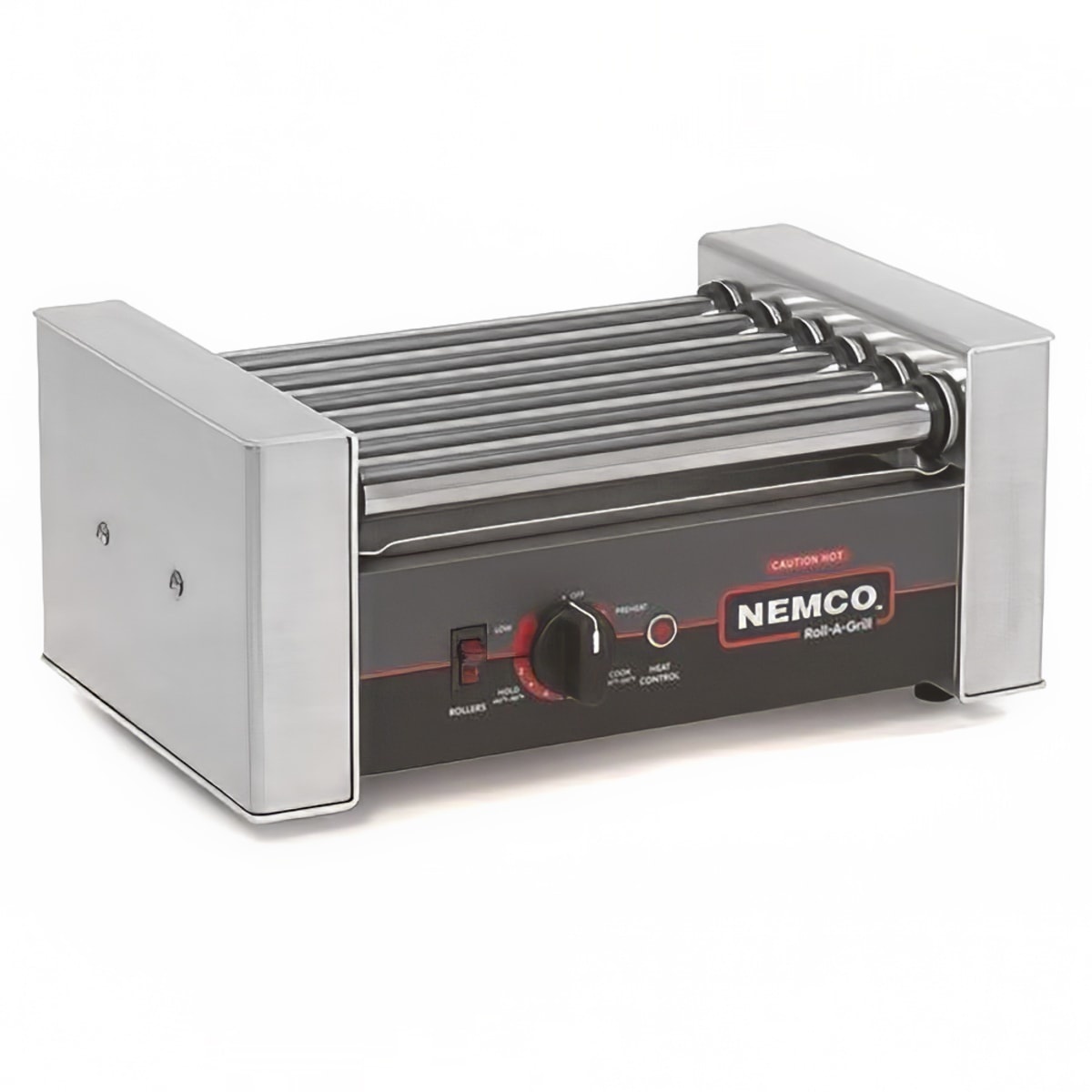 Nemco 8010 Roll-A-Grill hot dog roller grill with chrome rollers, stainless steel sides, and front heat control knob