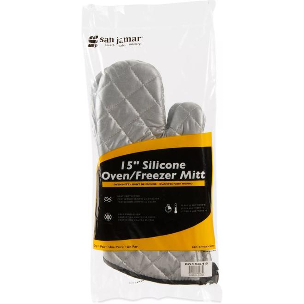 San Jamar 801SG15 silicone oven freezer mitt shown in retail packaging with product details