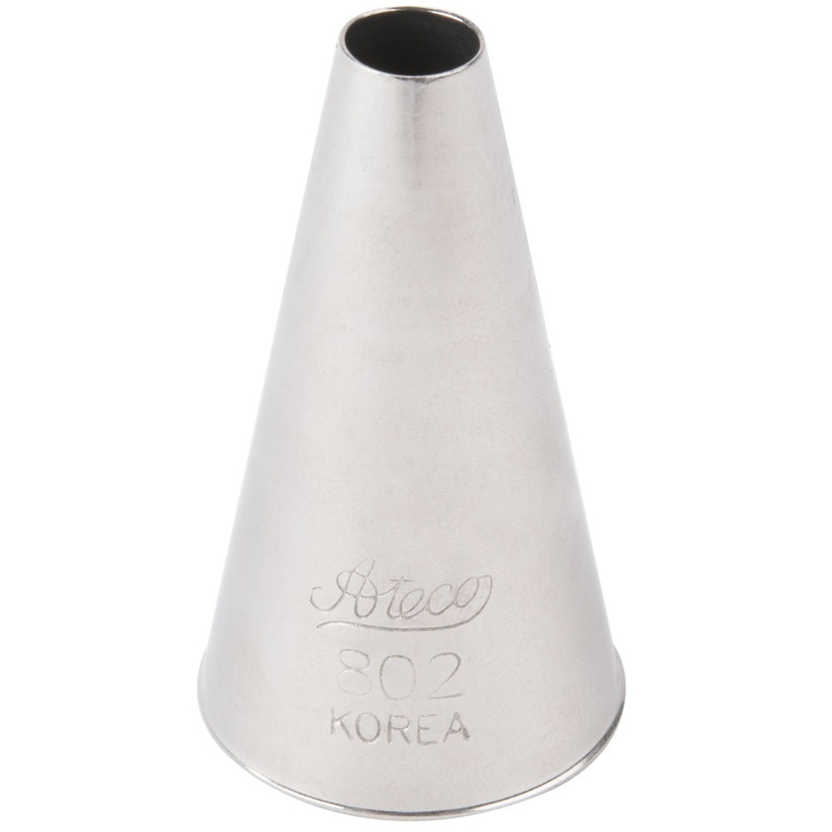 Ateco 802 stainless steel plain round pastry piping tip with 1/4 inch opening, engraved with Ateco logo and 802