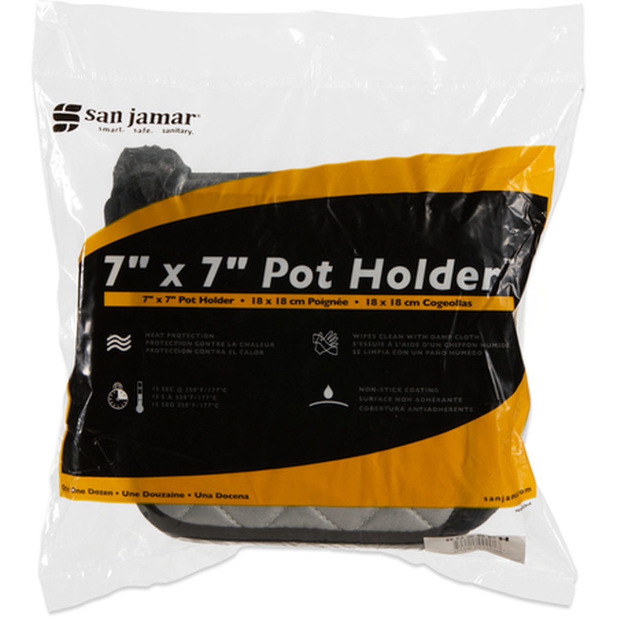San Jamar 802SPH 7x7 inch silicone coated pot holder in retail packaging