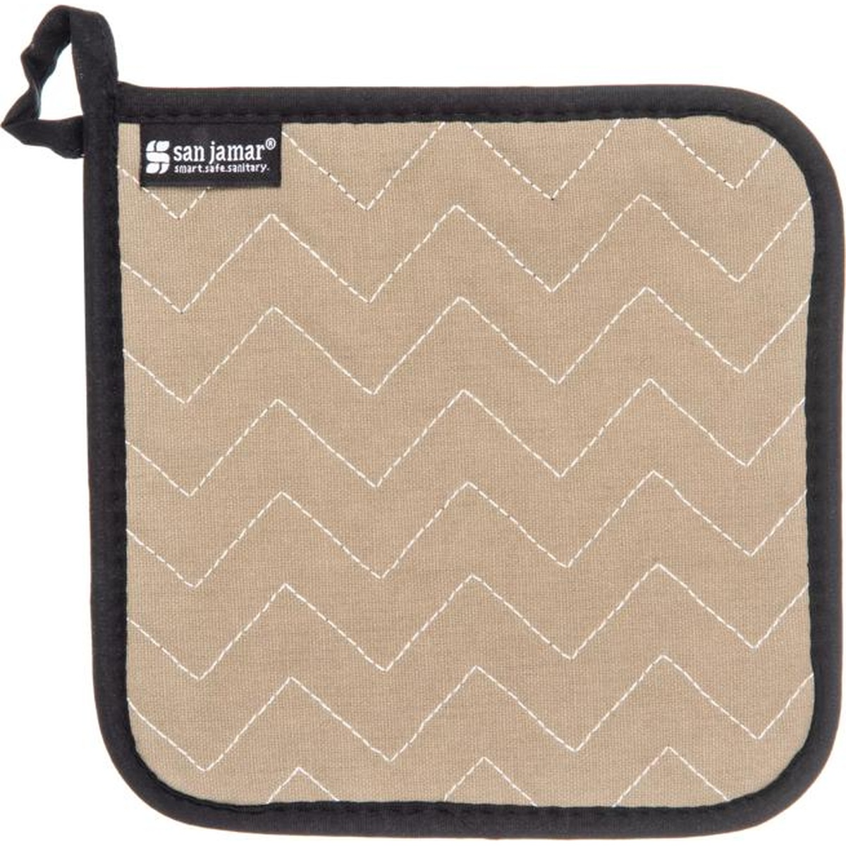 San Jamar 802TF tan BestGuard terry pot holder front view showing chevron quilted pattern and black border