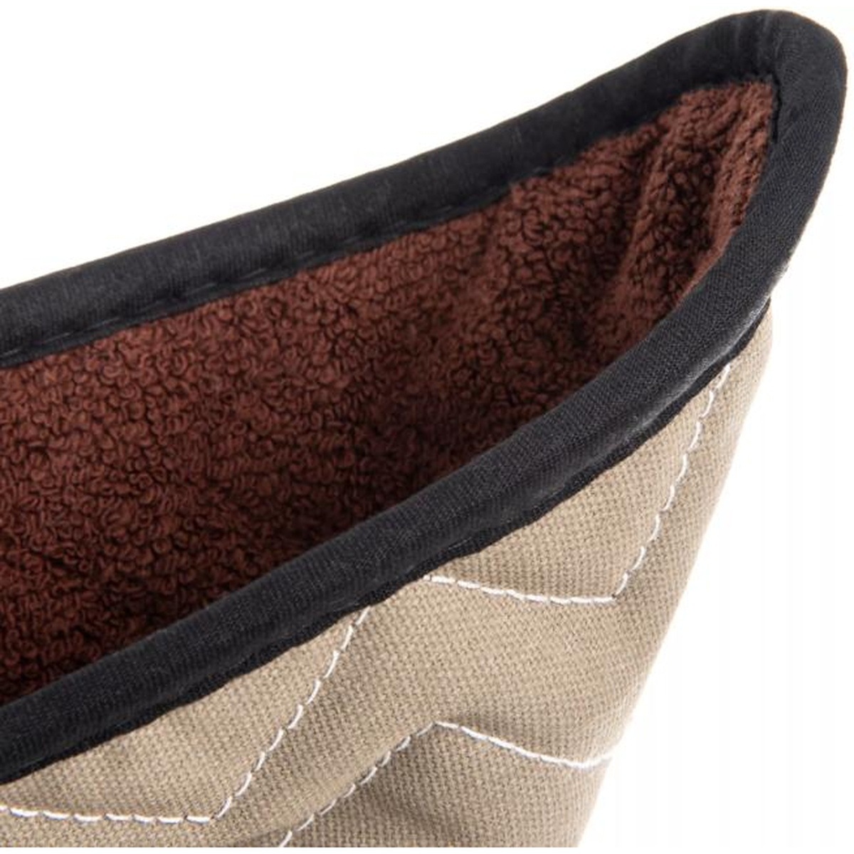 Close-up cross-section of pot holder showing tan BestGuard exterior and brown terry cloth interior