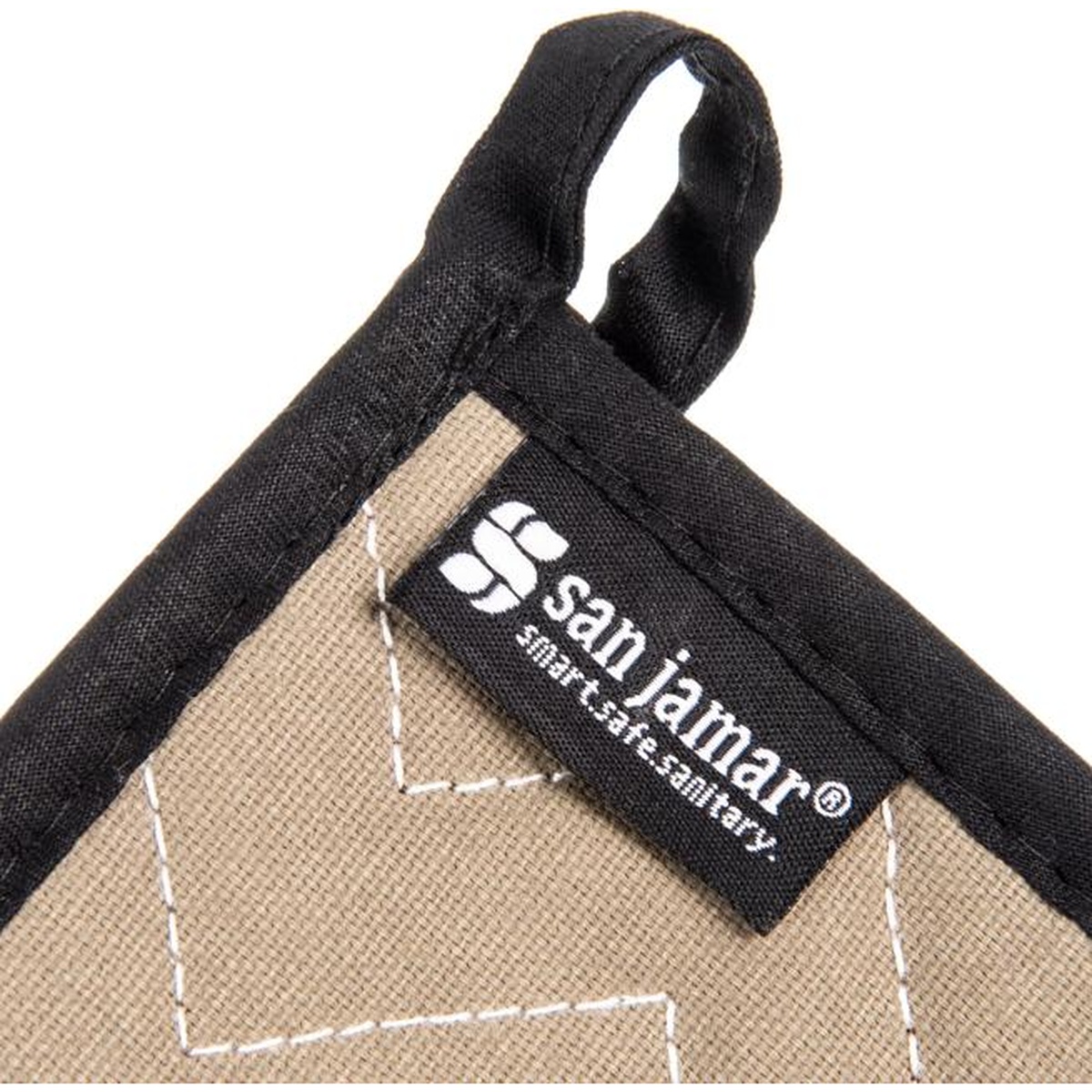 Close-up of sewn-in hanging loop and San Jamar brand label on the corner of the pot holder