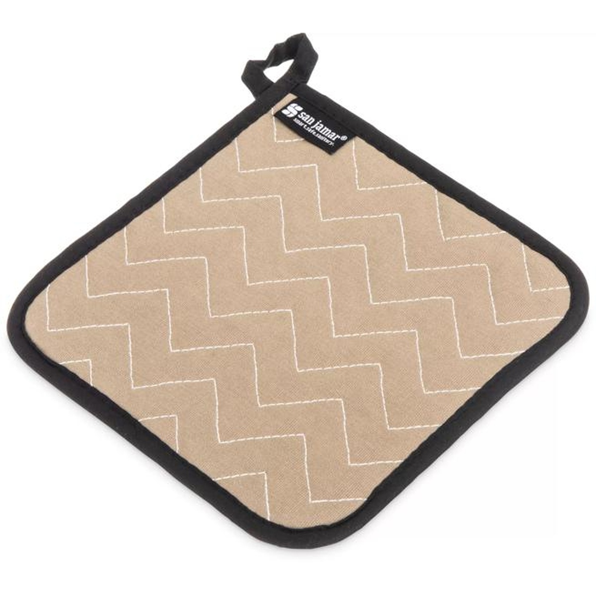 Angled view of San Jamar 802TF tan pot holder showing chevron quilted pattern, hanging loop, and rounded corners