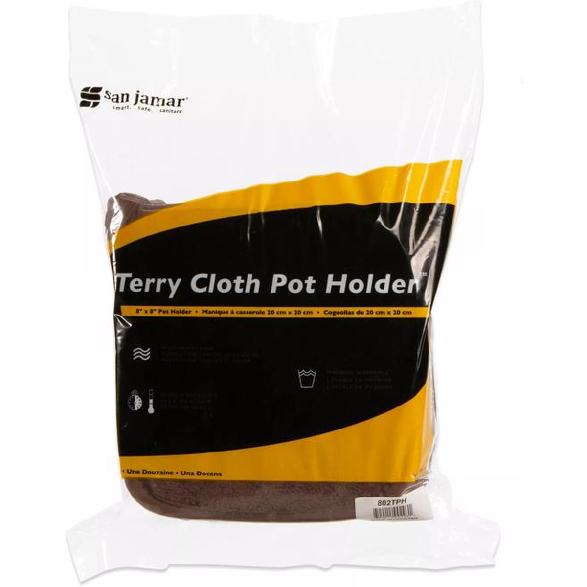 San Jamar 802TPH Terry Cloth Pot Holder packaged bag showing product name, 8x8 size, and dozen quantity marking