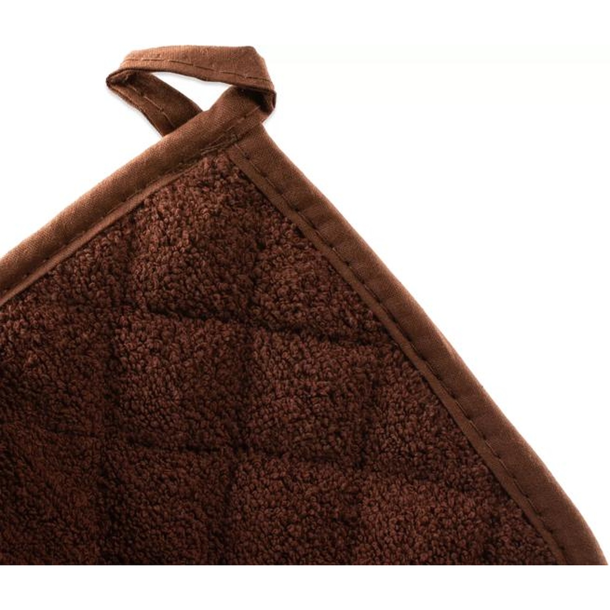 Corner detail of San Jamar 802TPH pot holder showing sewn-in hanging loop and quilted stitching on brown terry cloth