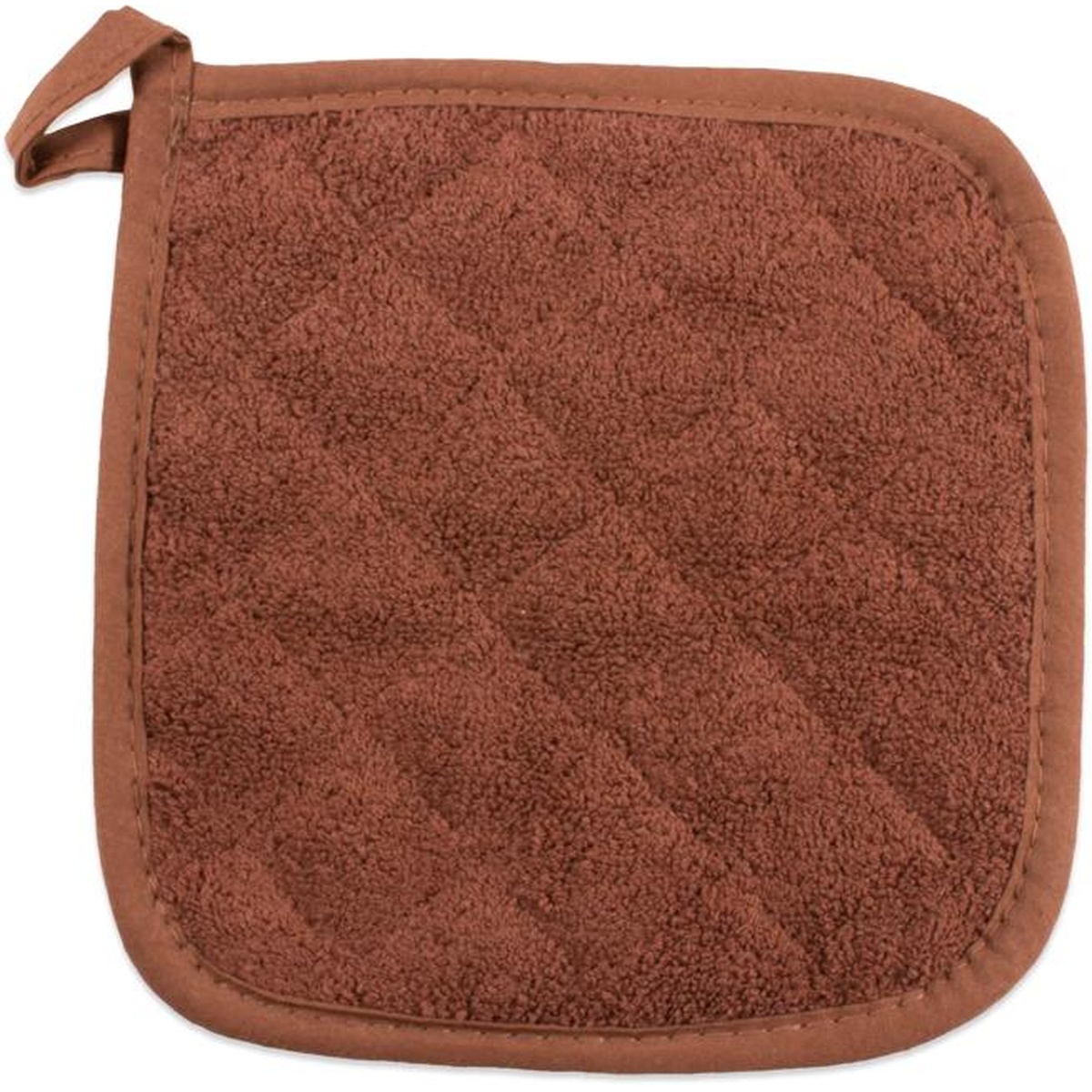 San Jamar 802TPH brown square terry cloth pot holder with sewn-in hanging loop, front view on white background