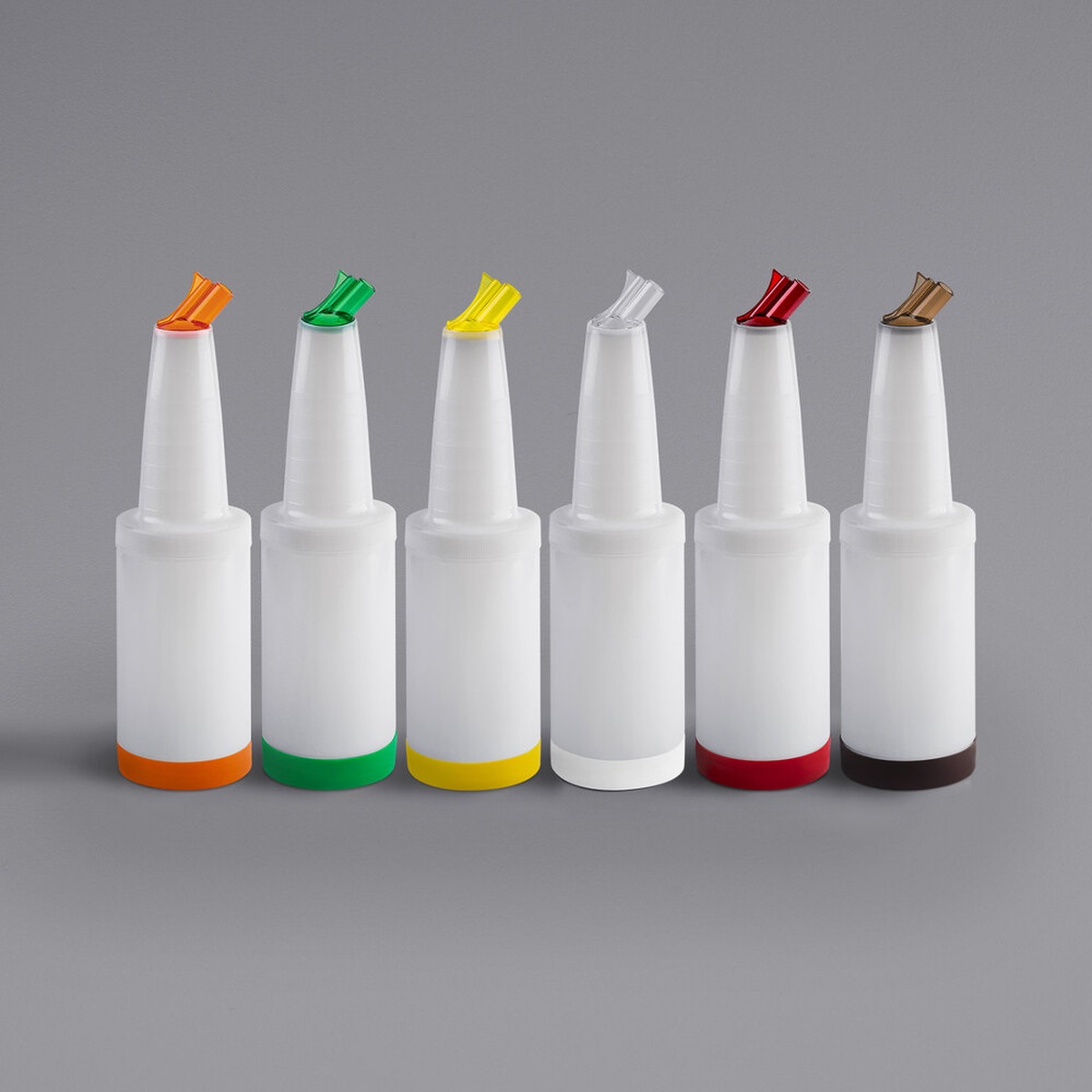 Six TableCraft PourMaster 1 qt. translucent pour bottles with assorted color snap-tight spouts and matching base caps in orange, green, yellow, white, red, and brown
