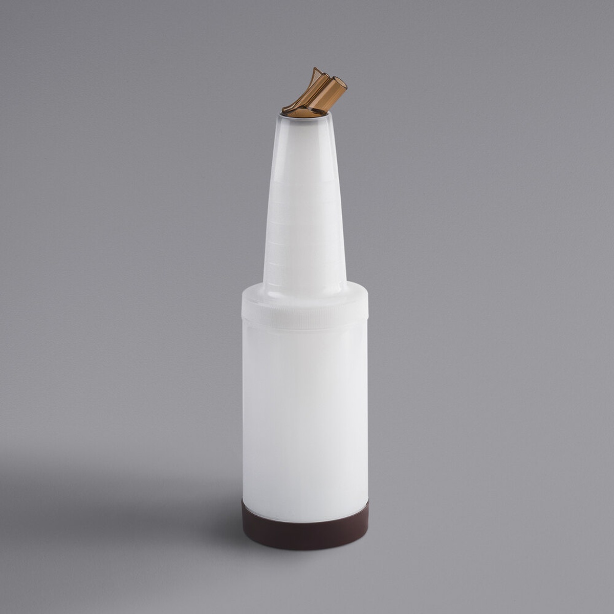 TableCraft 8032BR PourMaster 1 Qt. pour bottle with brown snap-tight spout and brown storage cap placed underneath
