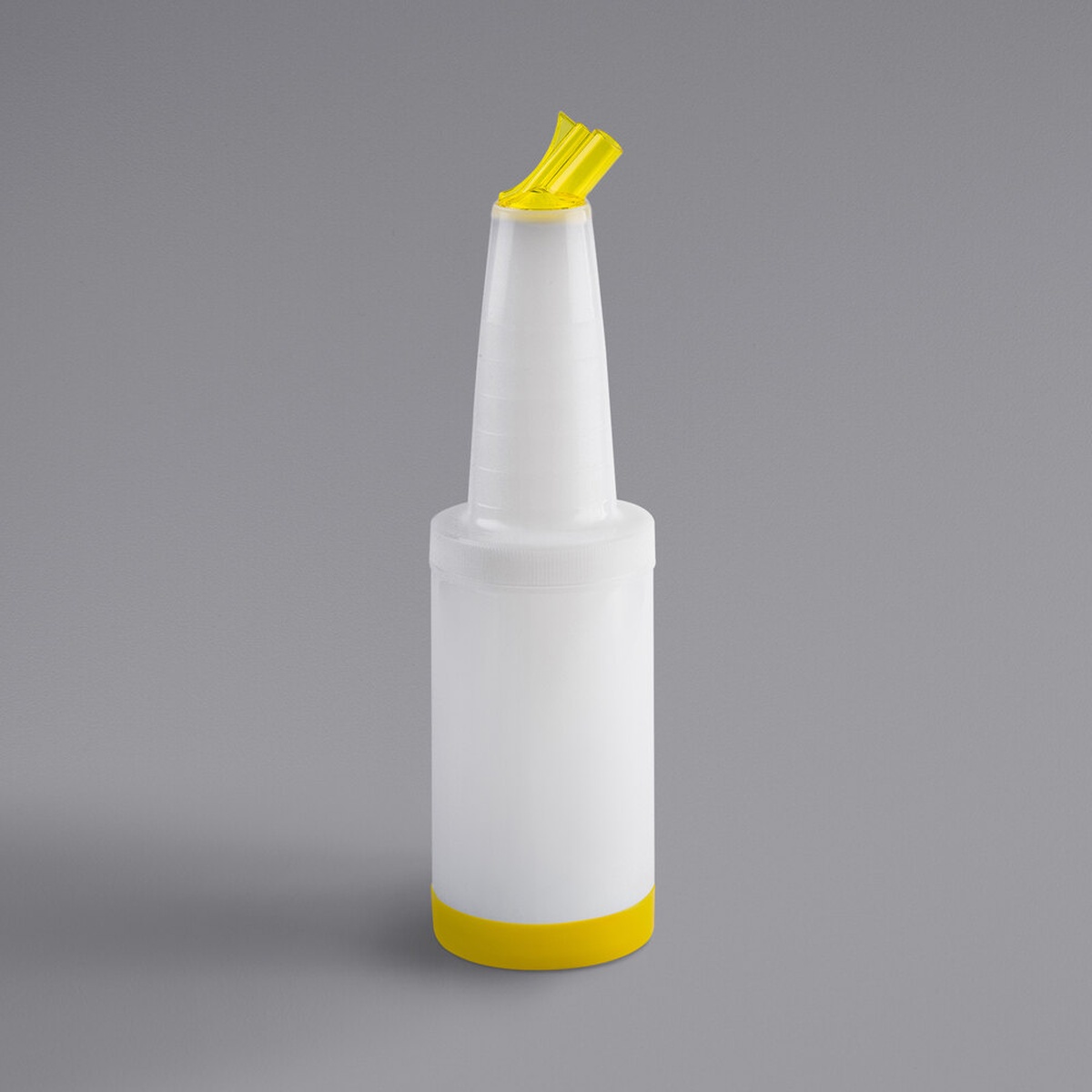 Tablecraft 8032Y PourMaster 1 qt. translucent plastic pour bottle with yellow snap-tight spout and yellow storage cap at base