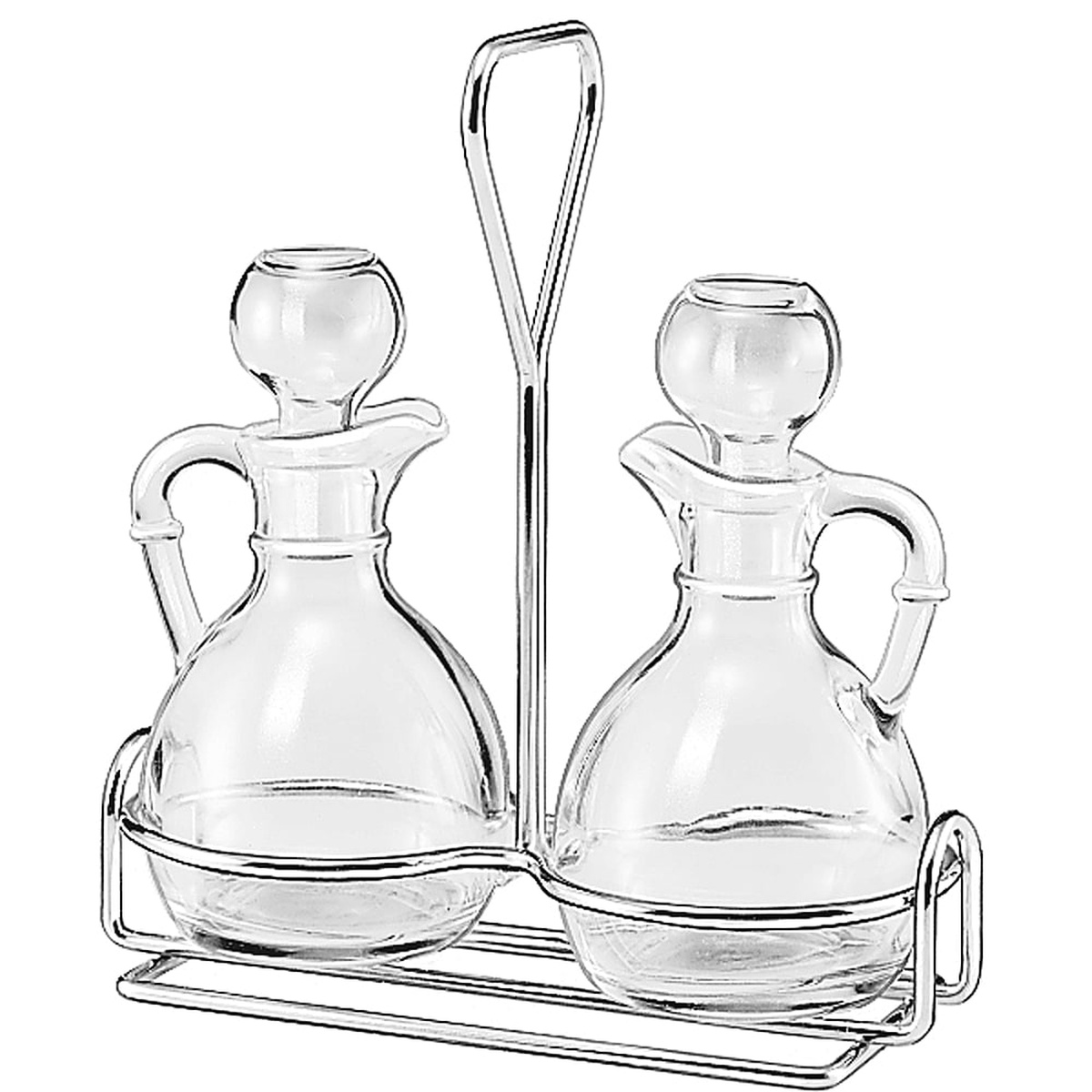 Libbey 80371 three-piece glass cruet set with two clear glass cruets, ball stoppers, and chrome wire rack with handle