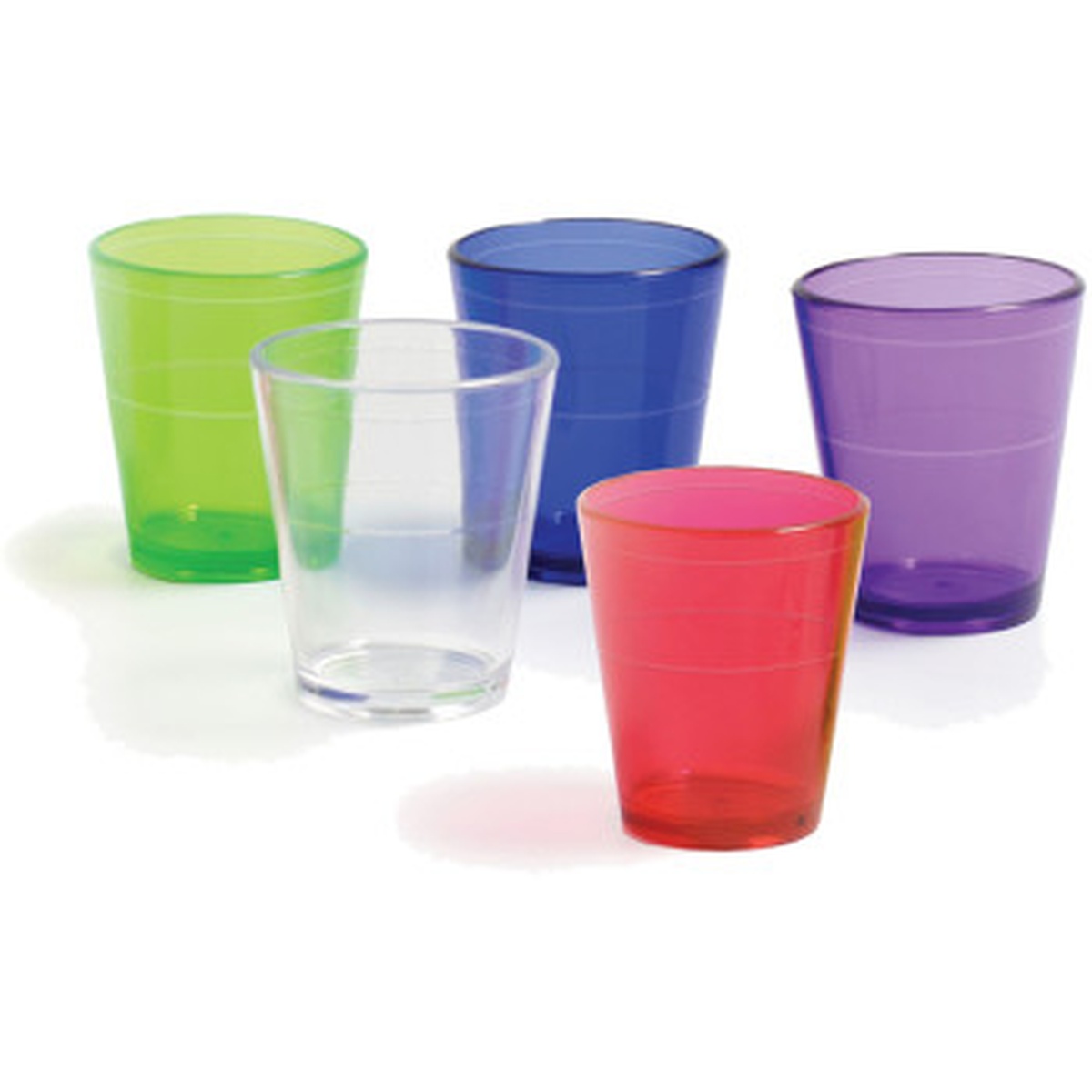Franmara 8038 acrylic shot glasses displayed in five translucent colors: green, clear, blue, red, and purple