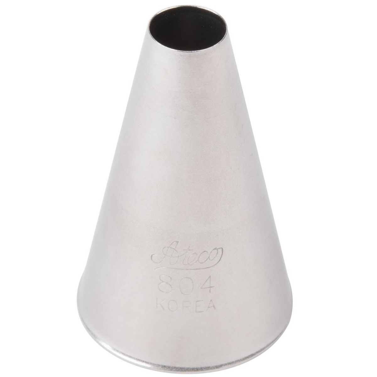 Ateco 804 plain stainless steel pastry piping tip with round 3/8-inch opening, embossed with Ateco branding and size number