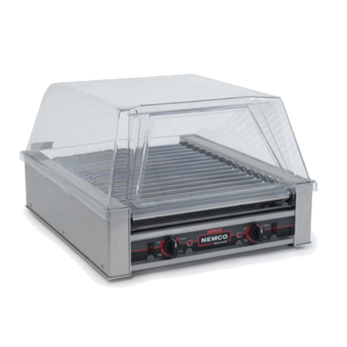 Nemco 8045N narrow hot dog roller grill with clear cover and dual heat control knobs