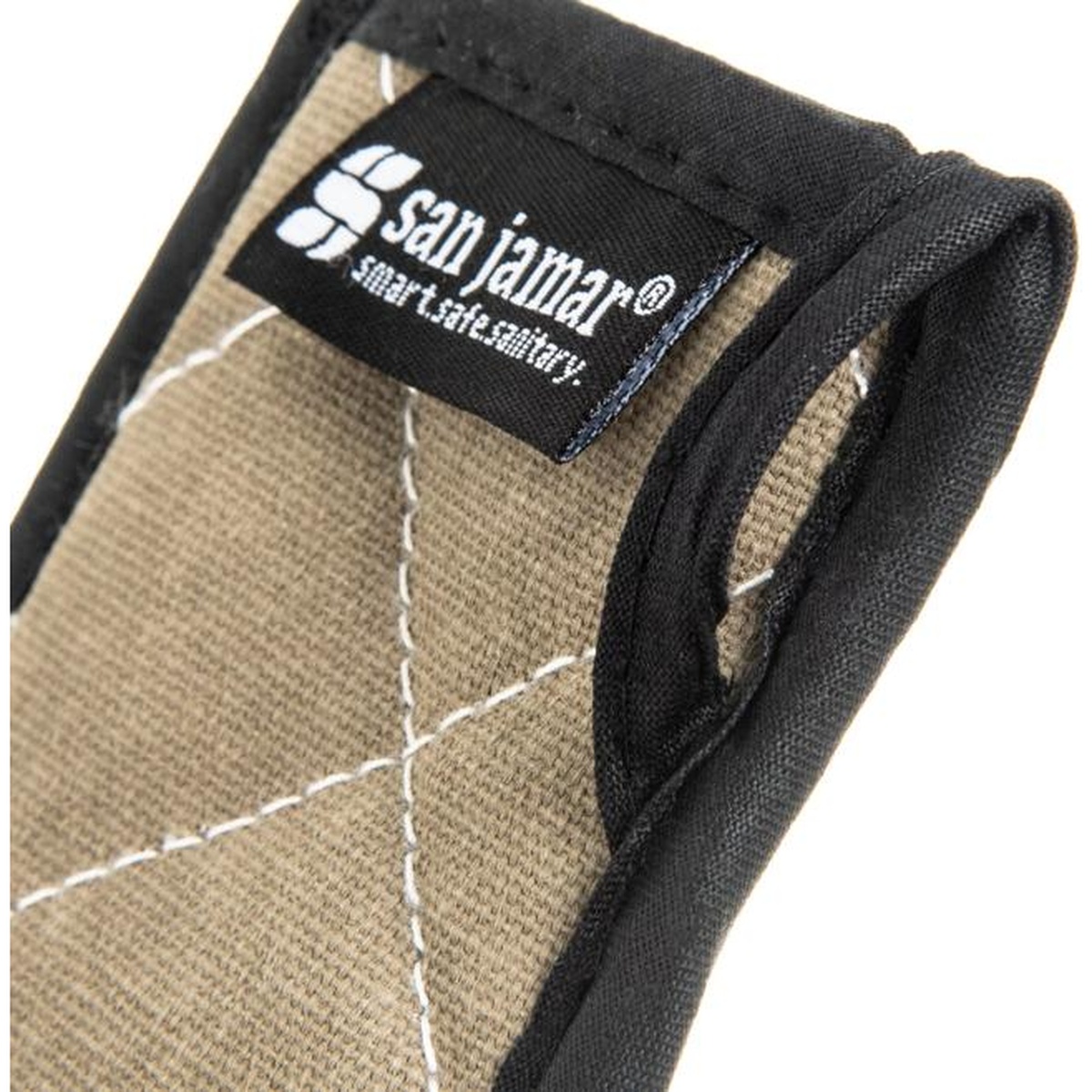 Close-up of the top edge and San Jamar label on the tan BestGuard handle holder showing black binding detail