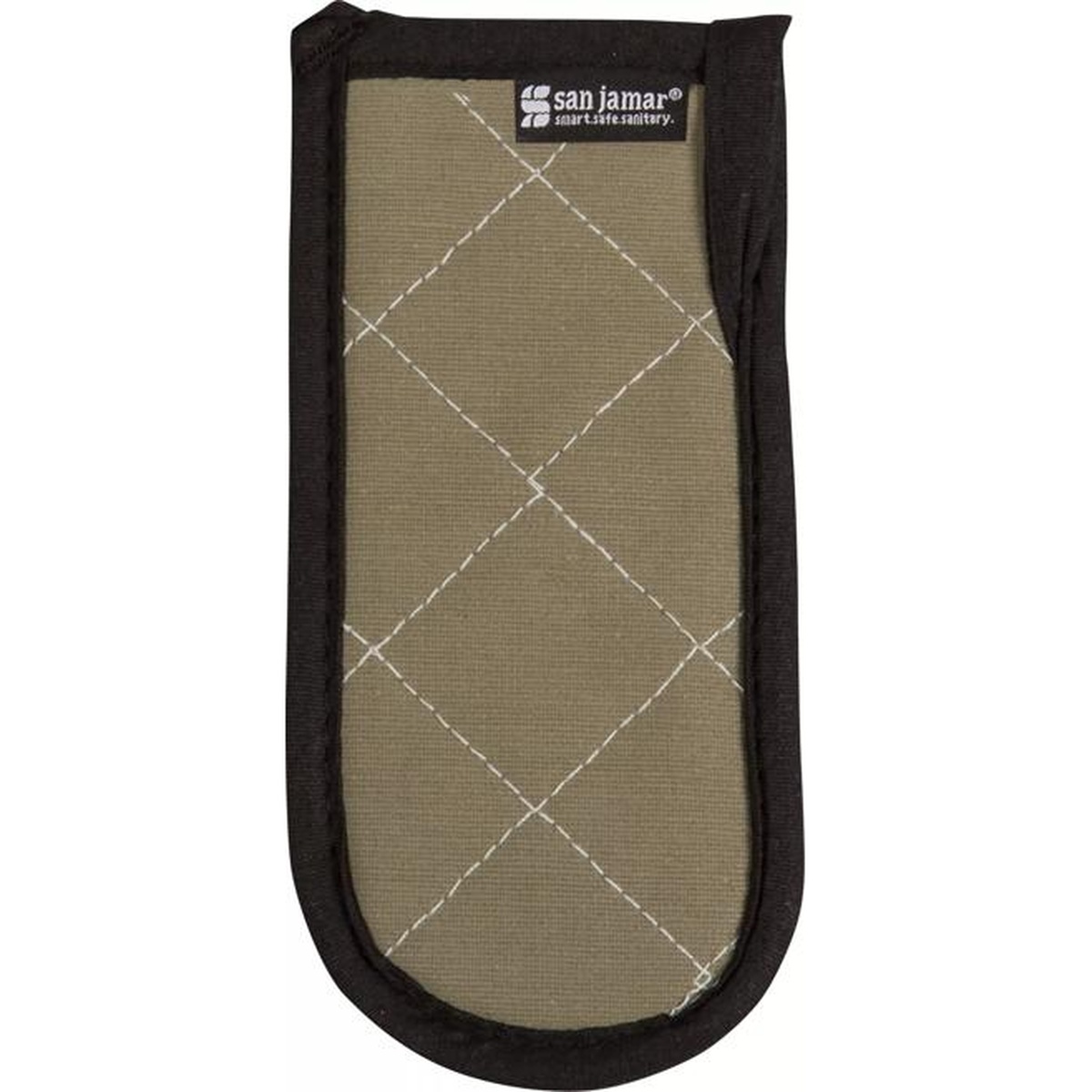 Flat front view of the San Jamar BestGuard tan handle holder displaying full quilted diamond stitching pattern