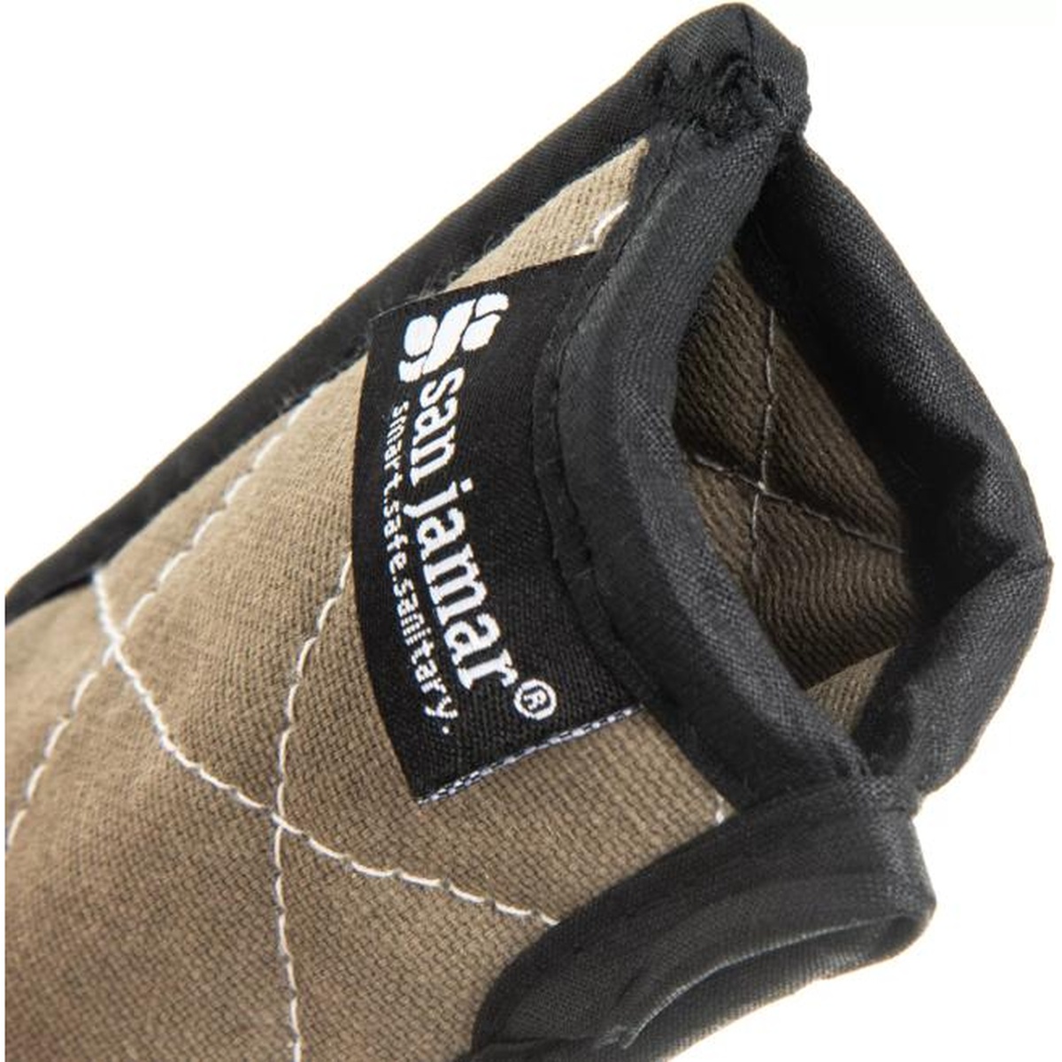 Close-up view of the interior opening of the San Jamar BestGuard handle holder showing black quilted lining and San Jamar label