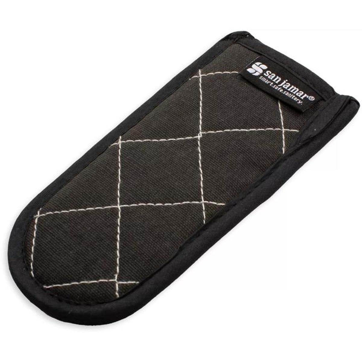 San Jamar BestGuard black handle holder, top-down view displaying full quilted surface and San Jamar label