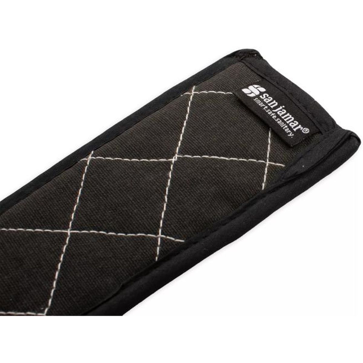 Close-up of San Jamar BestGuard handle holder showing quilted fabric texture and San Jamar branded label