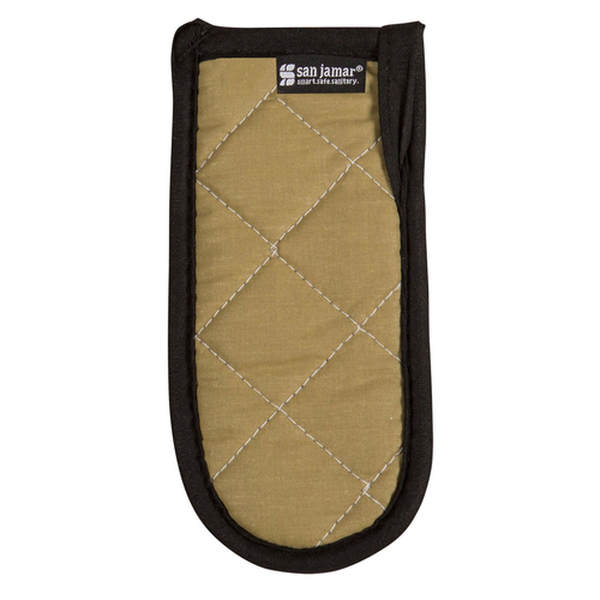 San Jamar 804HH Bestan handle holder in tan with black trim and quilted diamond-stitch pattern, displayed flat