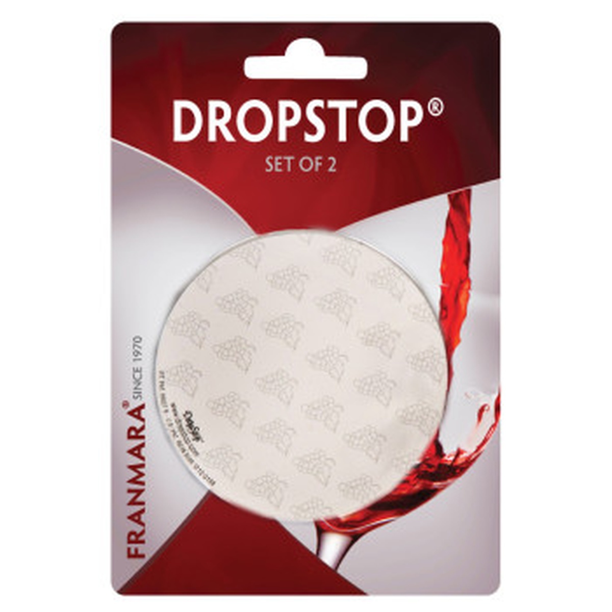 Franmara DropStop Set of 2 wine pourers on blister card packaging