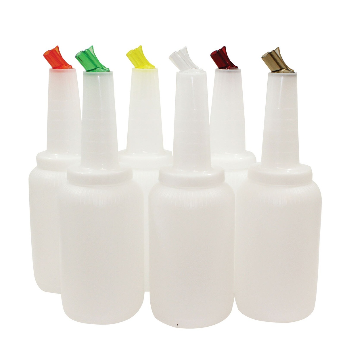 Set of six 64 oz PourMaster Complete bottles with assorted colored spouts: orange, green, yellow, white, red, and brown