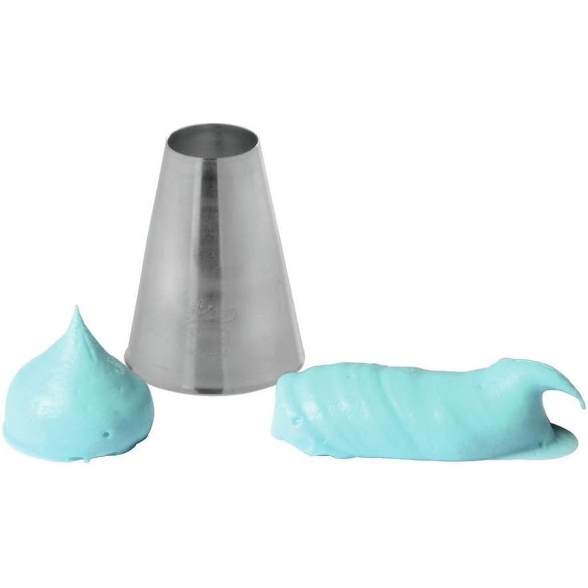 Ateco 809 pastry tip shown alongside sample piped frosting shapes including a dollop and a filled shell