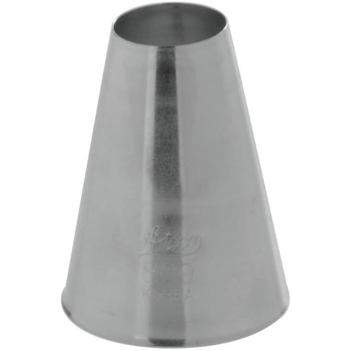 Ateco 809 plain pastry tip side view showing conical stainless steel body with wide round opening
