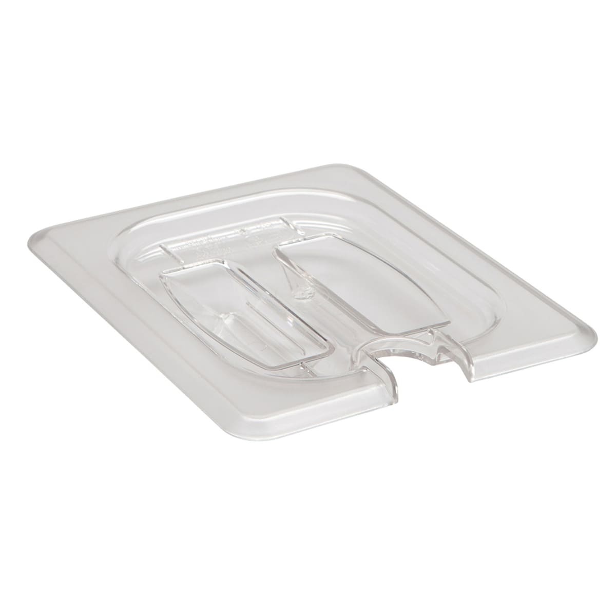 Cambro 80CWCHN135 Camwear 1/8 size clear polycarbonate notched food pan cover with molded handle and spoon notch, viewed from above at an angle