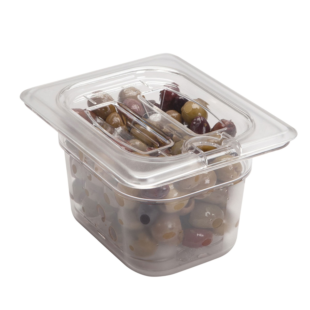 Cambro 80CWCHN135 clear polycarbonate 1/8 size lid seated on a food pan filled with mixed olives, showing the molded handle and spoon notch detail