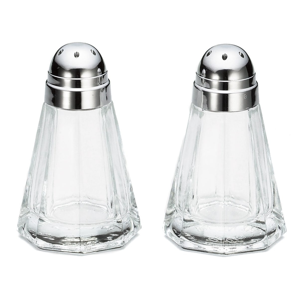 Tablecraft 80S&P-2 paneled glass salt and pepper shaker set with chrome plated dome tops, shown as a pair on white background