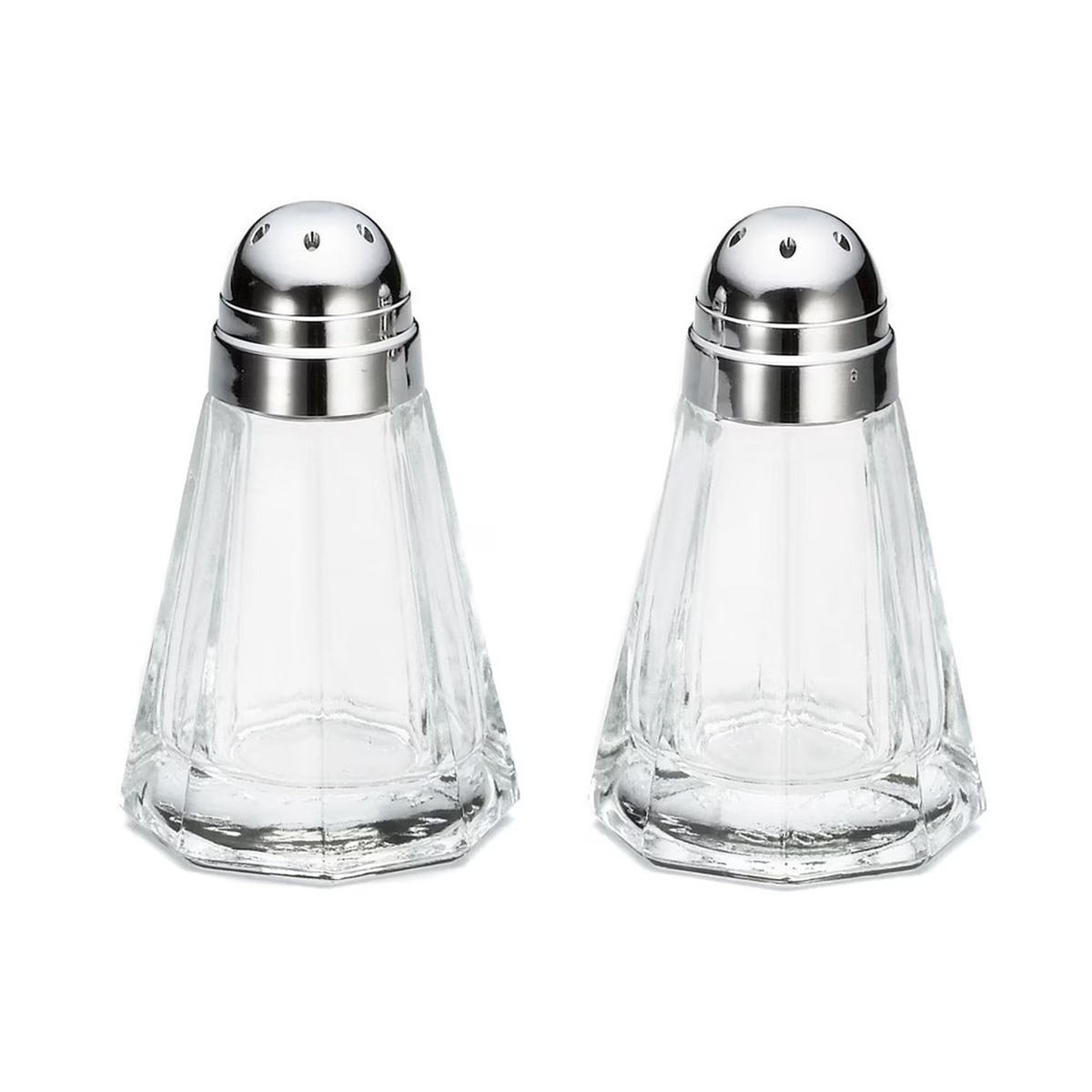 Pair of Tablecraft 80S&P-2 paneled glass salt and pepper shakers with chrome dome tops