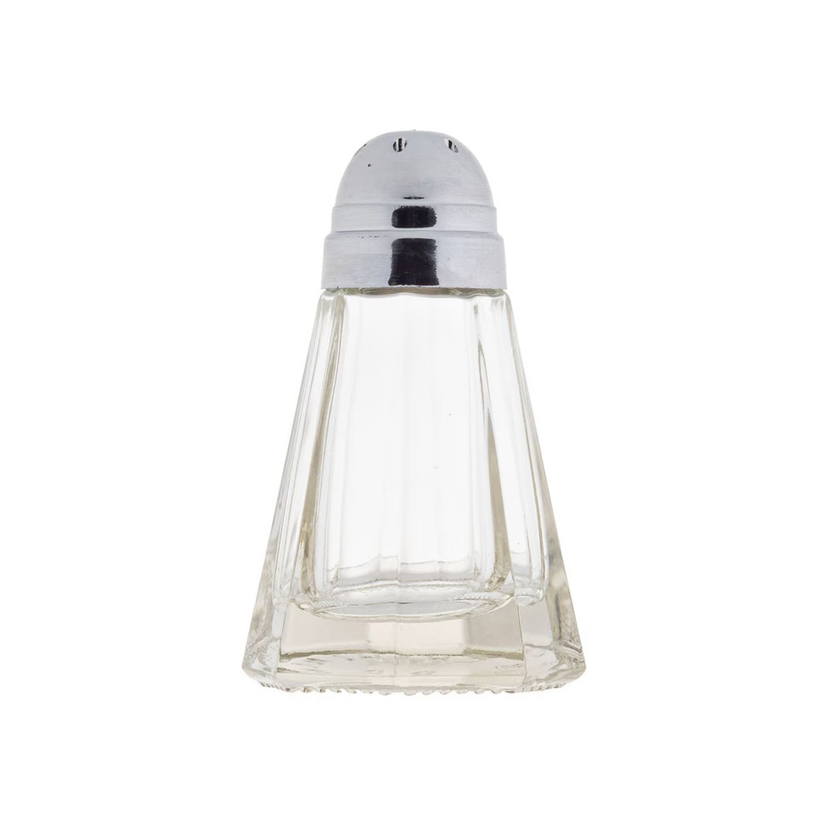 Front view of a single Tablecraft 80S&P-2 paneled glass shaker with chrome dome top