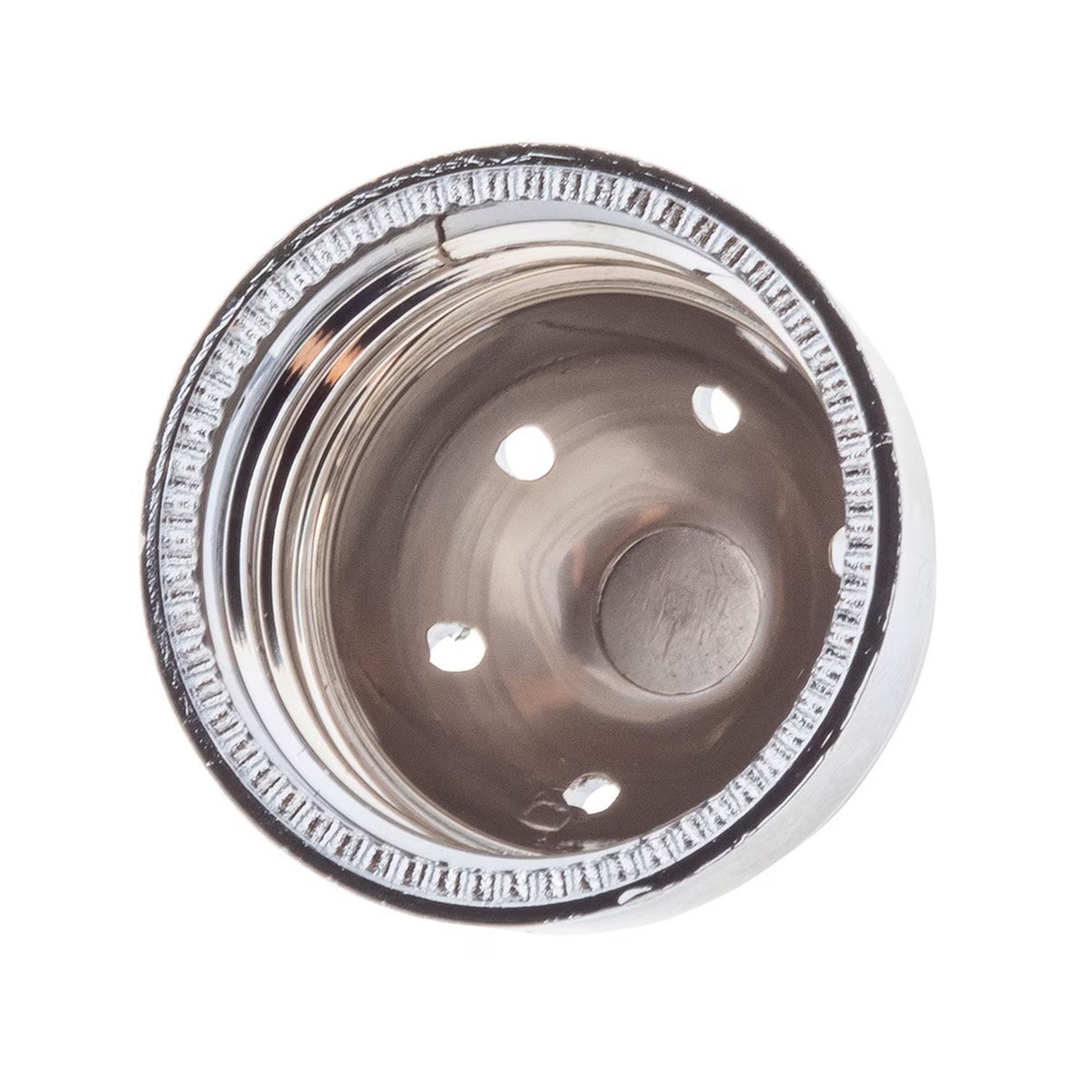 Close-up underside view of the chrome-plated ABS dome top of the Tablecraft 80S&P-2 shaker showing dispensing holes