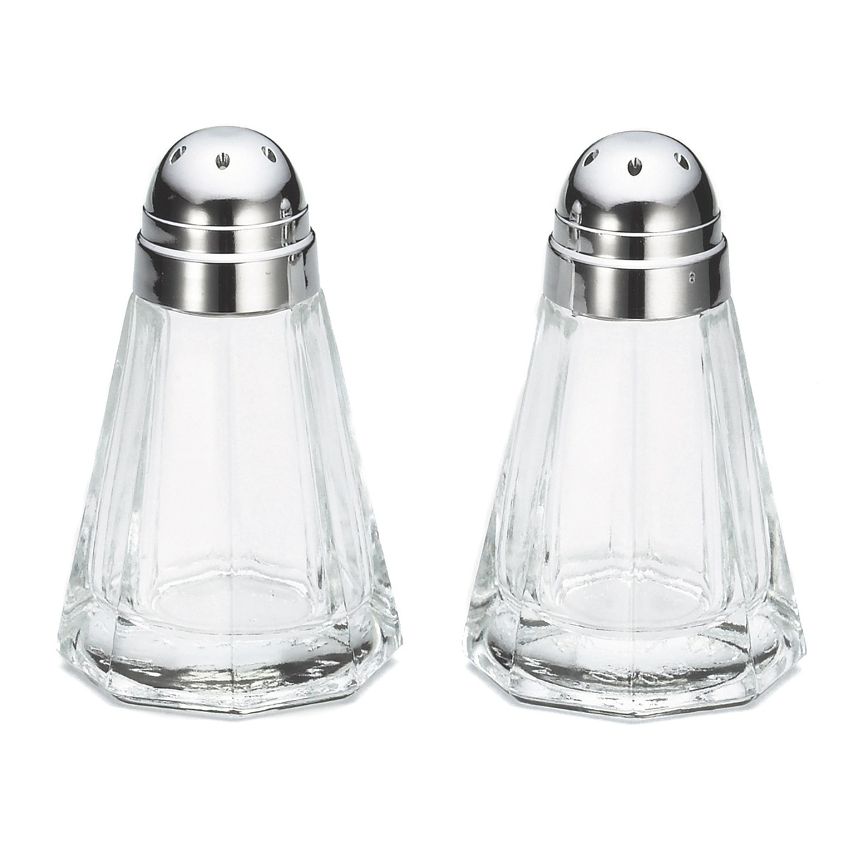 TableCraft 80S&P-2 clear paneled glass salt and pepper shakers with chrome plated dome tops, shown as a pair on white background