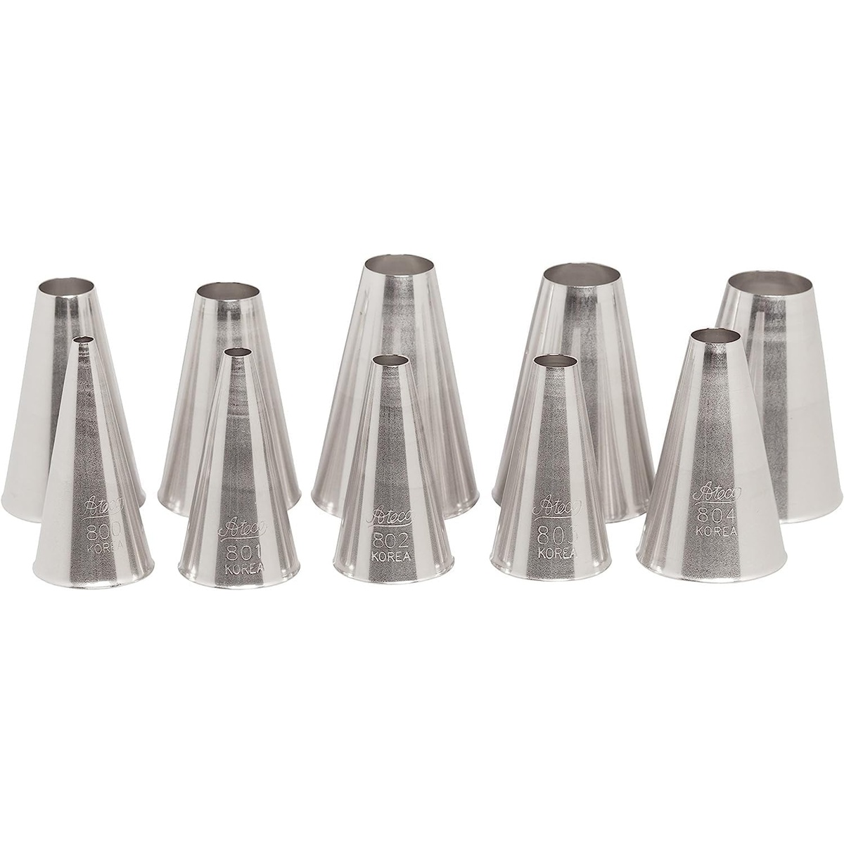 Ten Ateco stainless steel plain round pastry tips arranged by size from small to large on white background