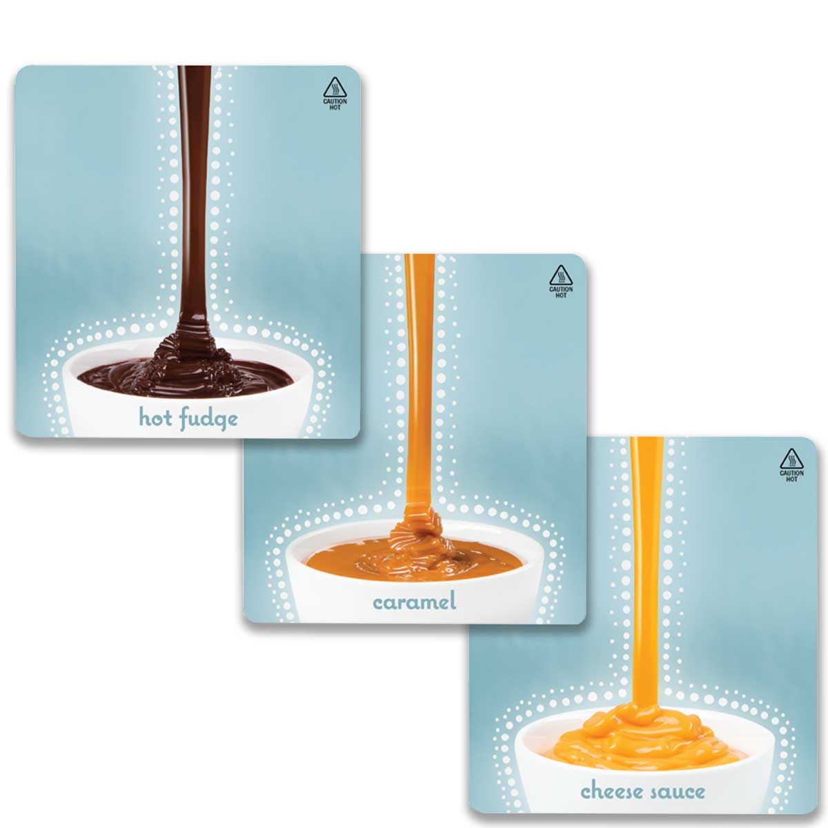 Three magnetic merchandising signs included with the warmer: hot fudge, caramel, and cheese sauce